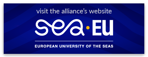 SEA-EU logo on a blue background and text encouraging to visit the alliance's website