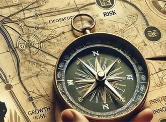 A compass, a map, the words crossroads, risk, growth, innovation