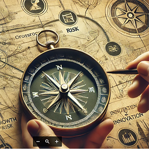 A compass, a map, the words crossroads, risk, growth, innovation