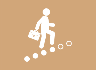 Person going up the stairs with a suitcase, on a brown background