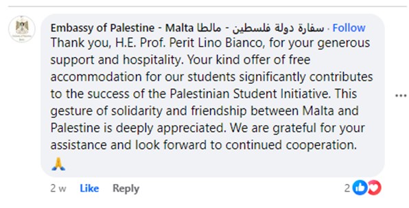 A post of the Embassy of Palestine to thank Prof. Lino Bianco