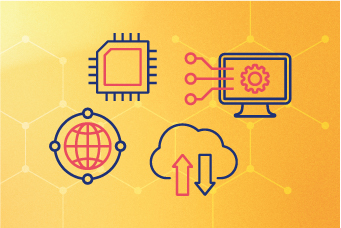 Icons denoting information and communication technology concepts on a yellow background