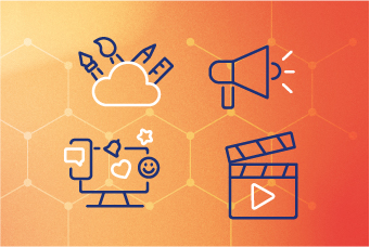 Icons depicting media and knowledge sciences on an orange background