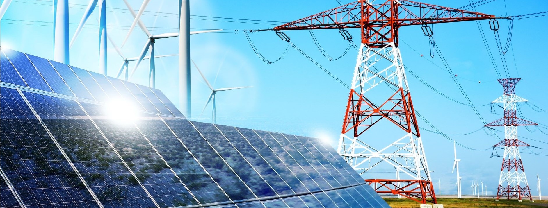 A collage showing a solar farm, a wind farm and high voltage towers and cables.