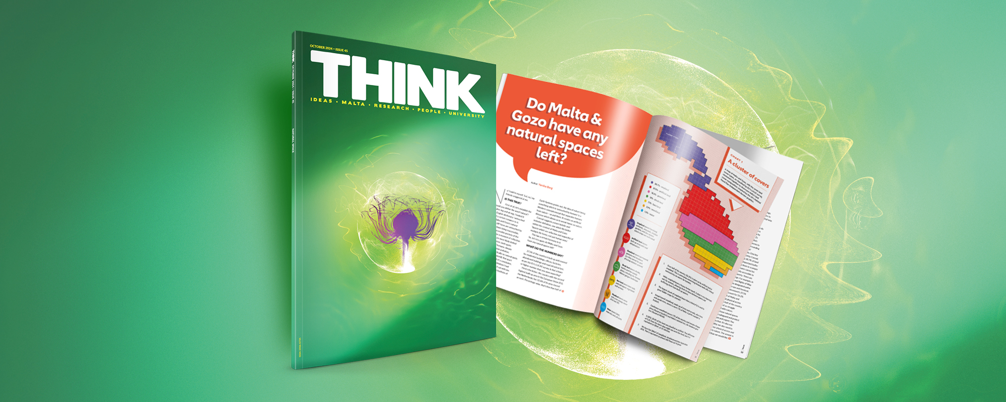 THINK magazine front cover and two-page spread on a green background