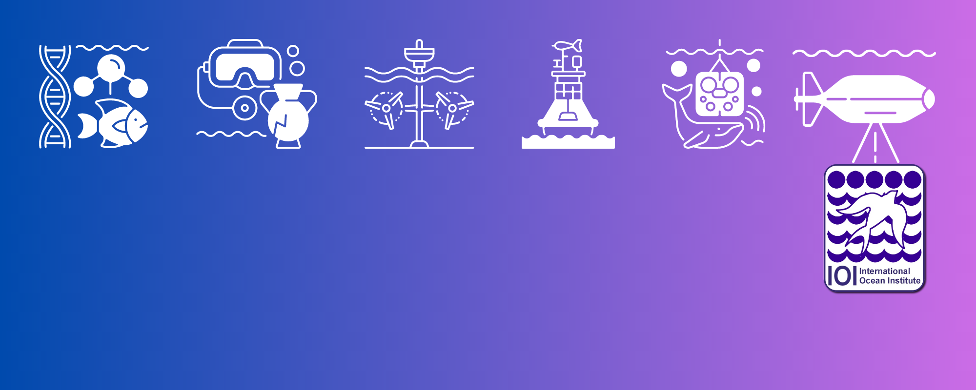 Icons depicting the sea, a fish, goggles, a boat, a submarine the IOI logo on a blue and purple background